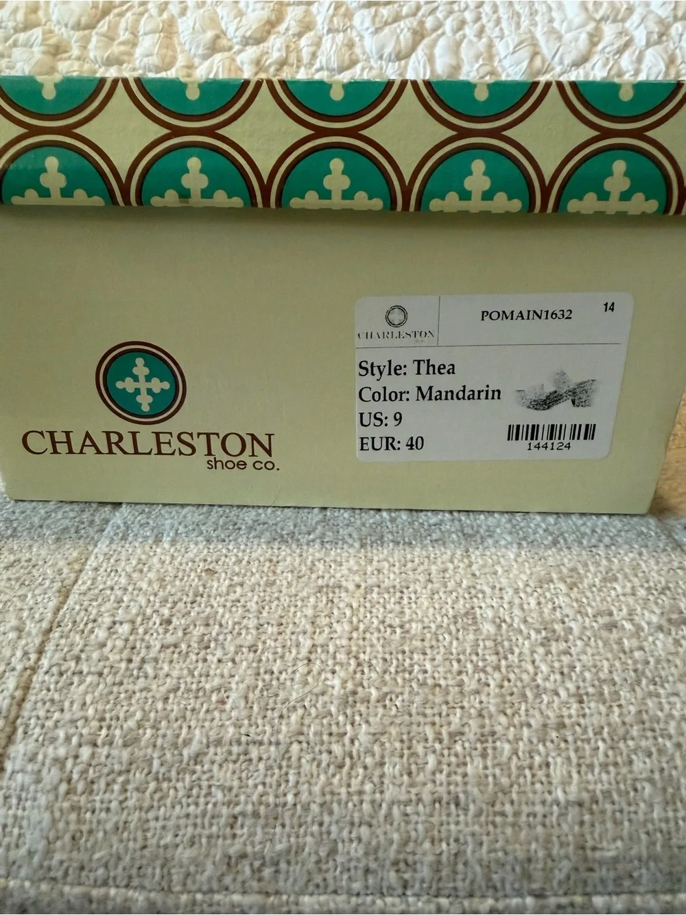 CHARLESTON SHOE CO. Box with Teal and Brown Logo Pattern